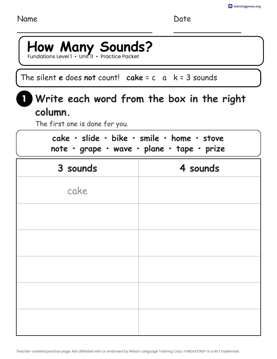Preview page 2 of Fundations Level 1 Unit 11 Practice Packet