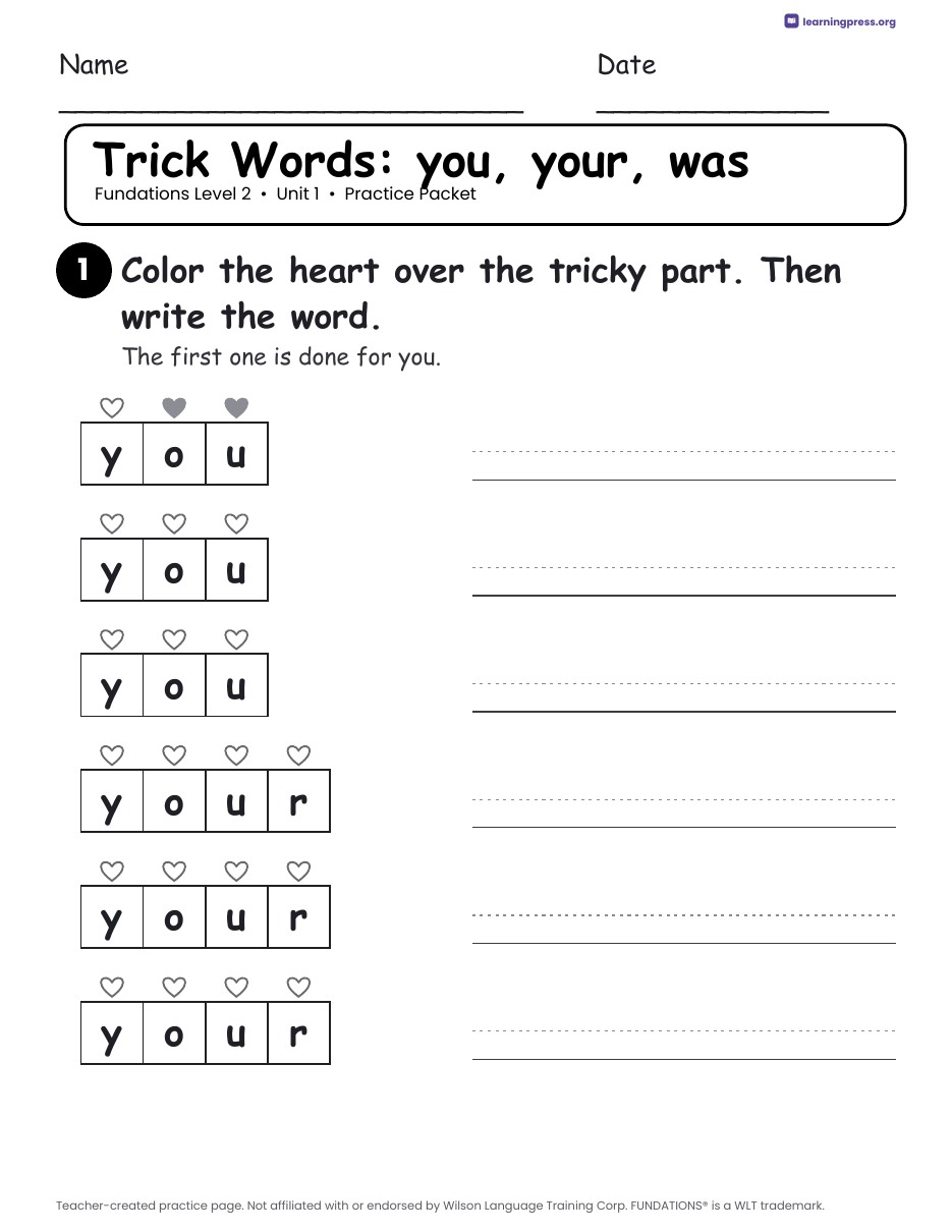 Preview page 1 of Fundations Level 2 — Full-Year Practice Packets Bundle (All Units 1–17)
