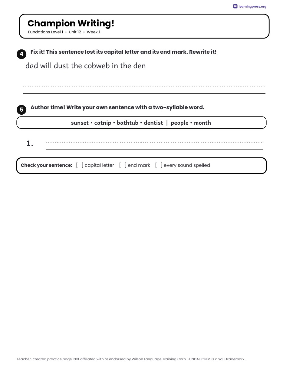 Preview page 2 of Fundations Level 1 Unit 12 Daily Lesson Work Pages