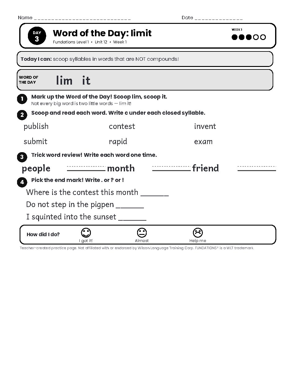 Preview page 4 of Fundations Level 1 Unit 12 Practice Pack