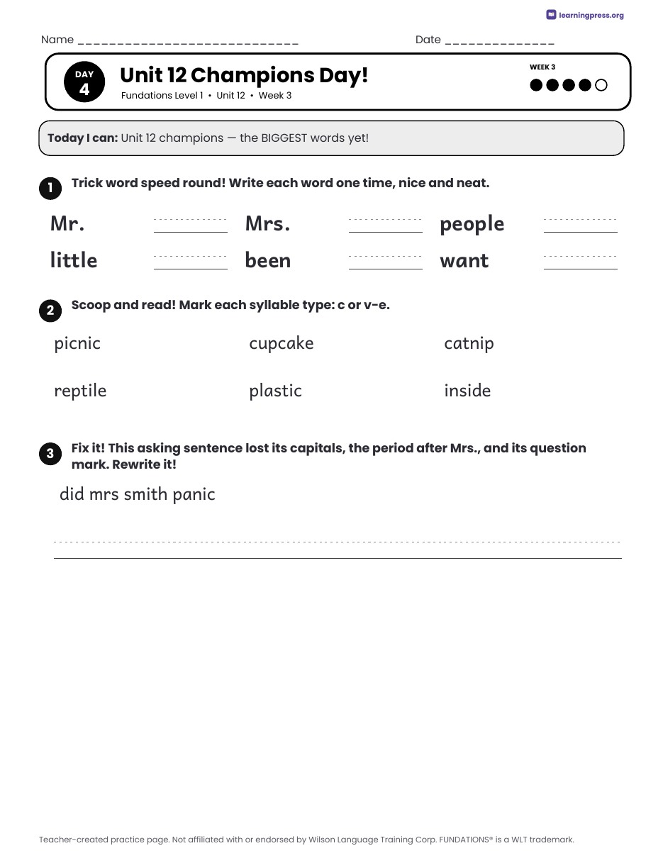 Preview page 4 of Fundations Level 1 Unit 12 Daily Lesson Work Pages