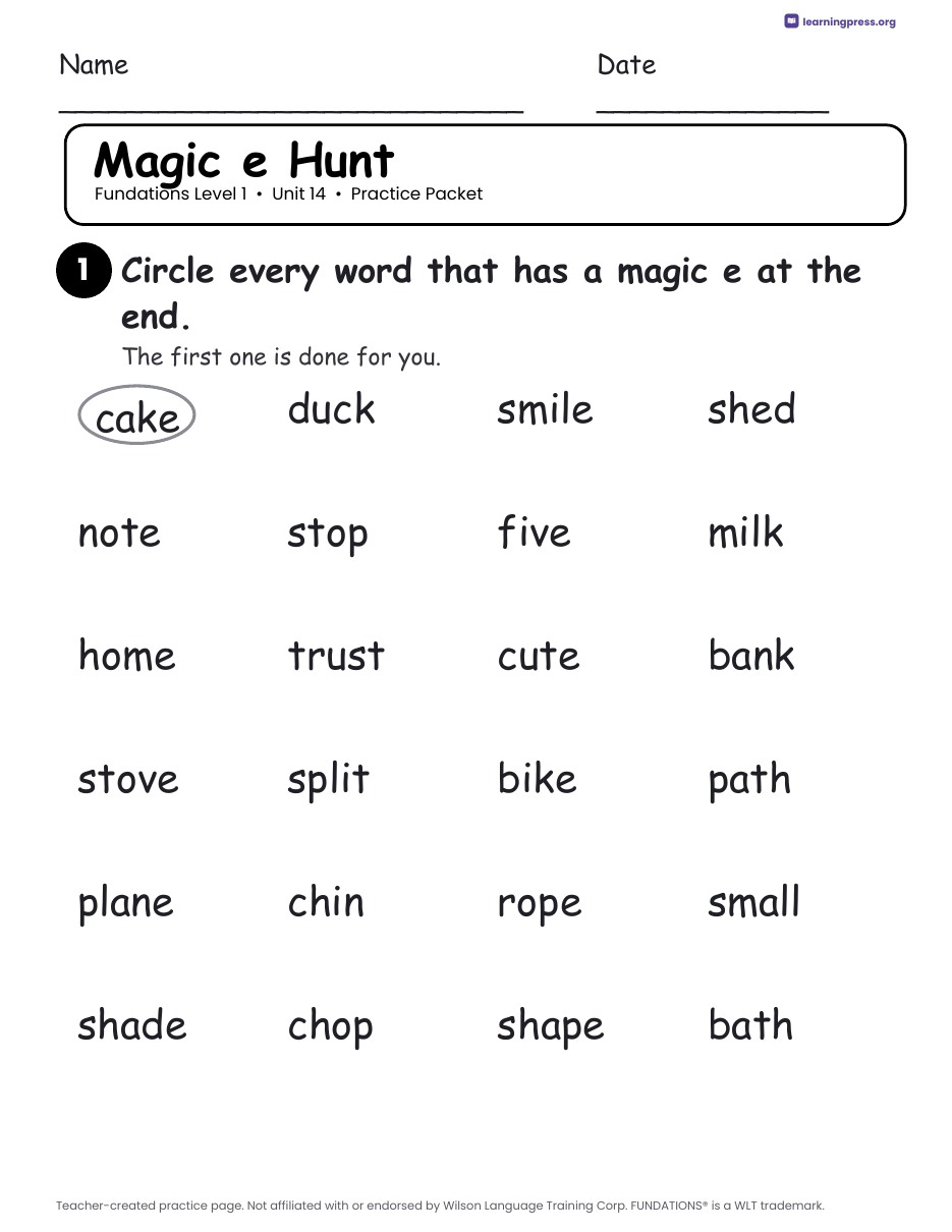 Preview page 2 of Fundations Level 1 Unit 14 Practice Packet