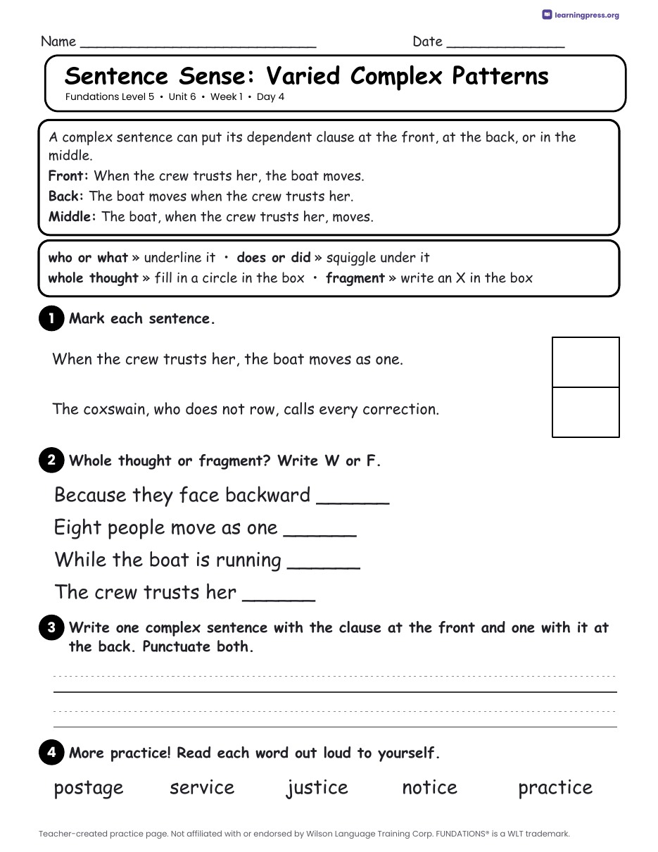 Preview page 2 of Fundations Level 5 Unit 6 Daily Lesson Work Pages