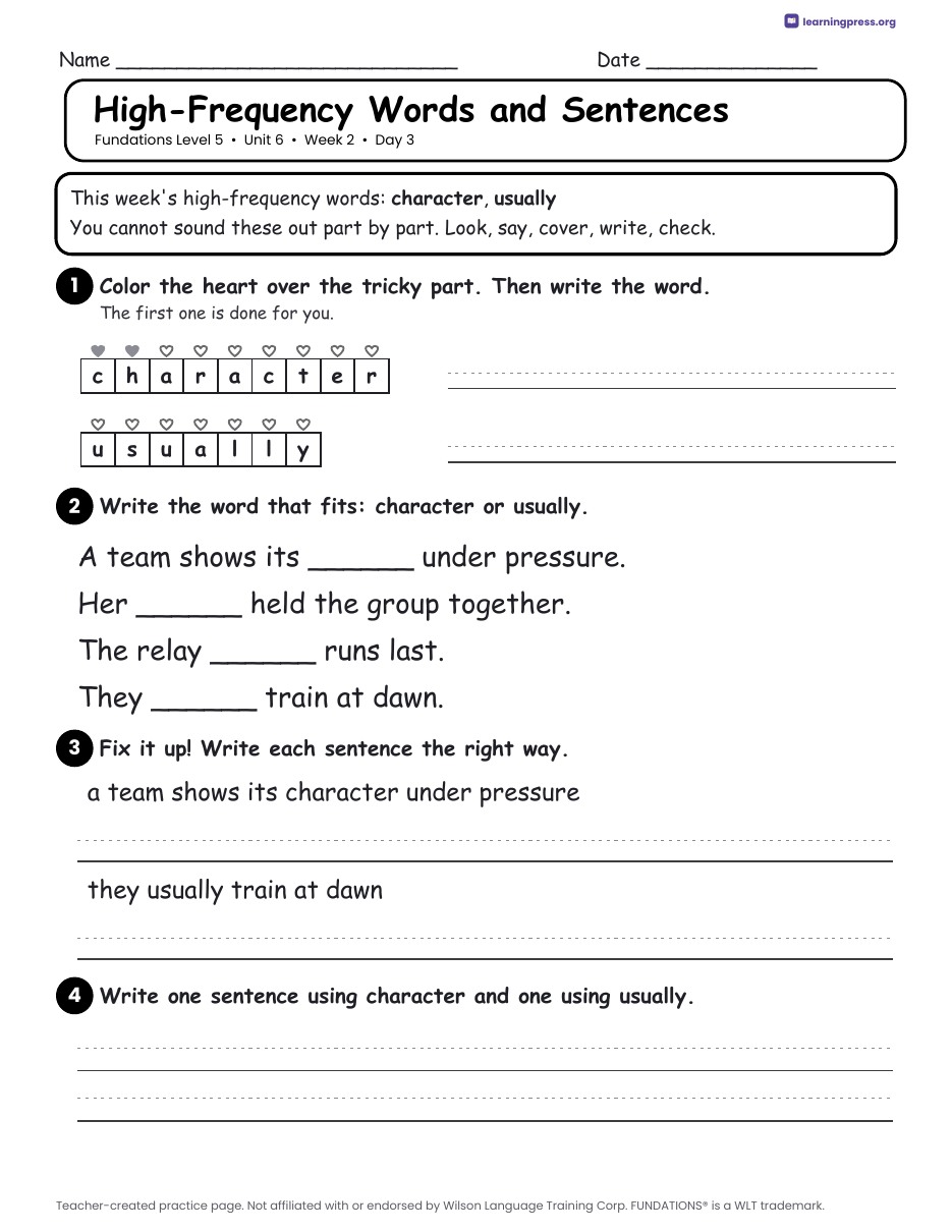 Preview page 4 of Fundations Level 5 Unit 6 Daily Lesson Work Pages