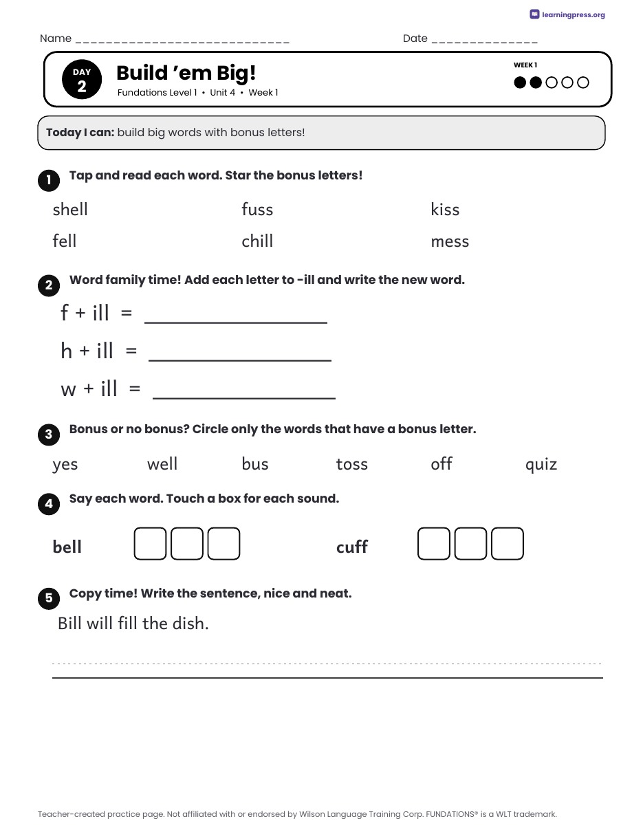 Preview page 1 of Fundations Level 1 Unit 4 Daily Lesson Work Pages