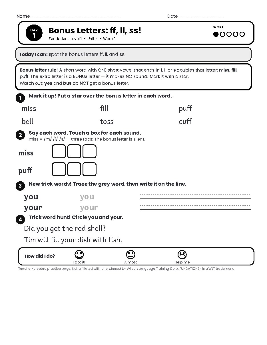 Preview page 2 of Fundations Level 1 Unit 4 Practice Pack
