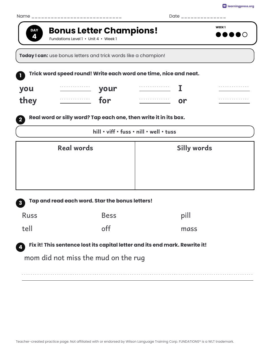 Preview page 2 of Fundations Level 1 Unit 4 Daily Lesson Work Pages