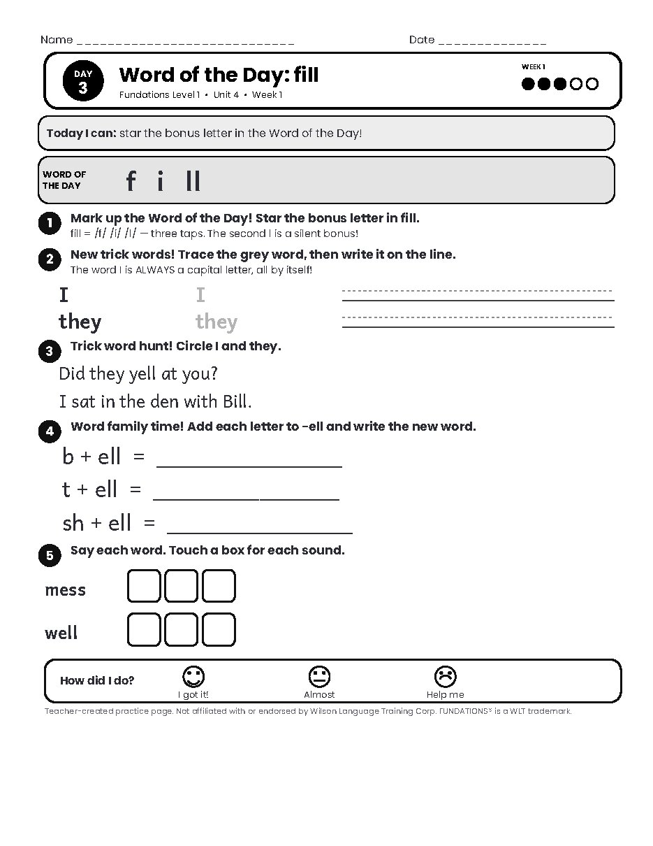 Preview page 4 of Fundations Level 1 Unit 4 Practice Pack