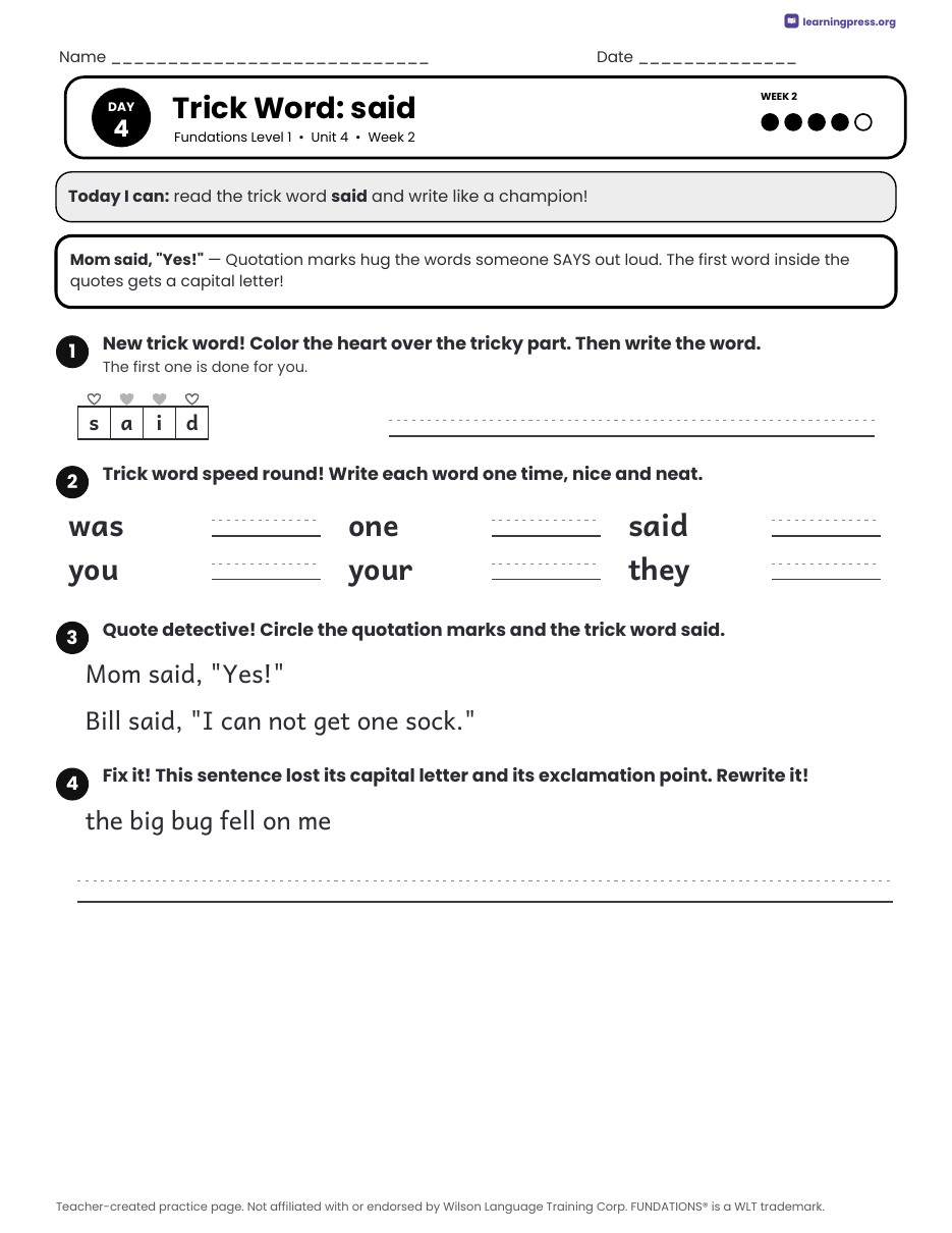 Preview page 4 of Fundations Level 1 Unit 4 Daily Lesson Work Pages