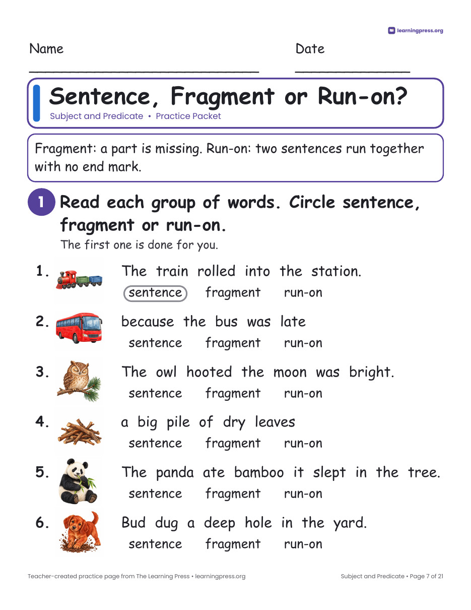 Preview page 3 of Subject and Predicate Worksheets & Slides – Grade 4