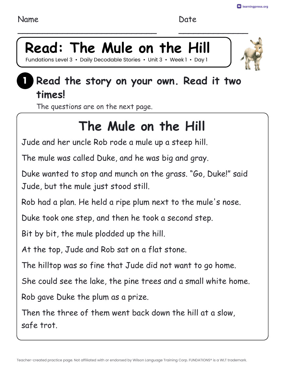 Preview page 1 of Fundations Level 3 Unit 3 Daily Decodable Stories
