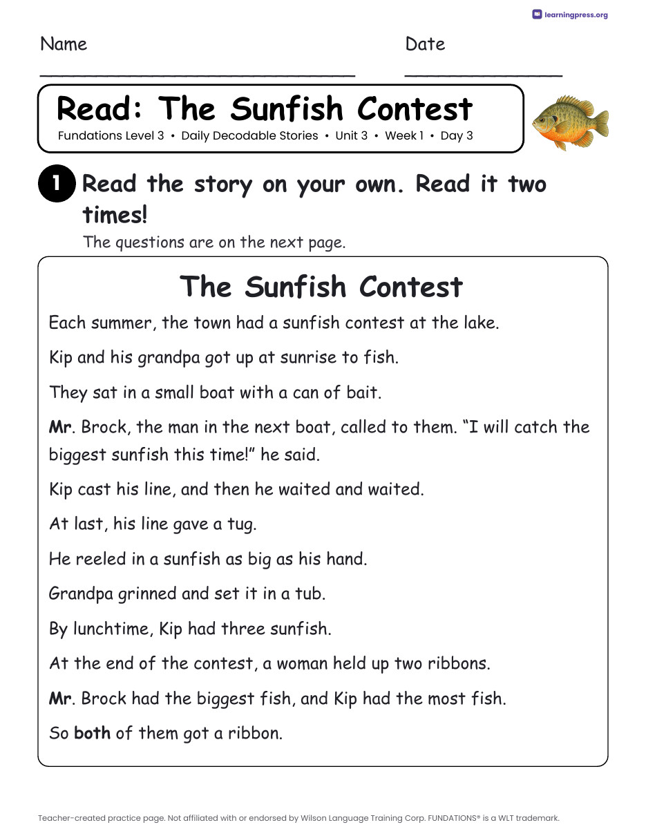 Preview page 3 of Fundations Level 3 Unit 3 Daily Decodable Stories