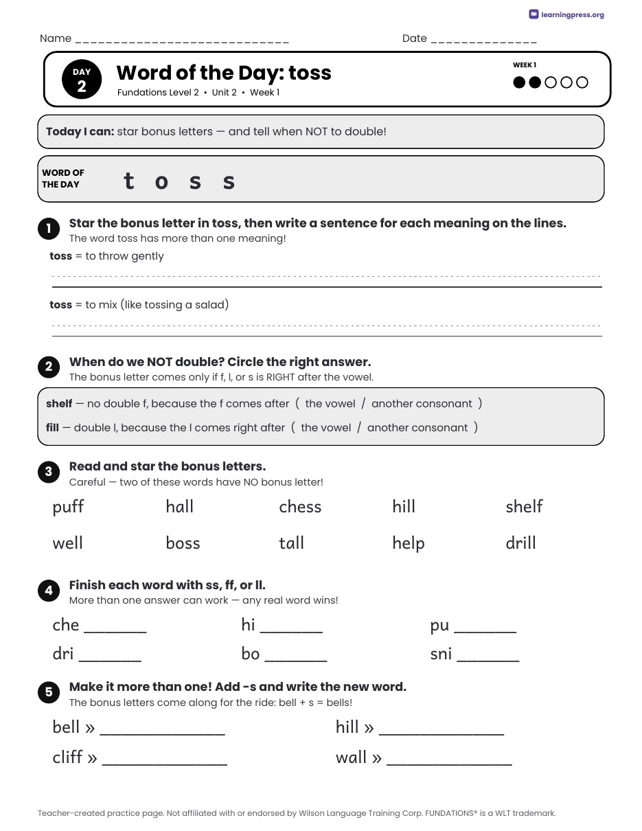 Preview page 1 of Fundations Level 2 Unit 2 Daily Lesson Work Pages