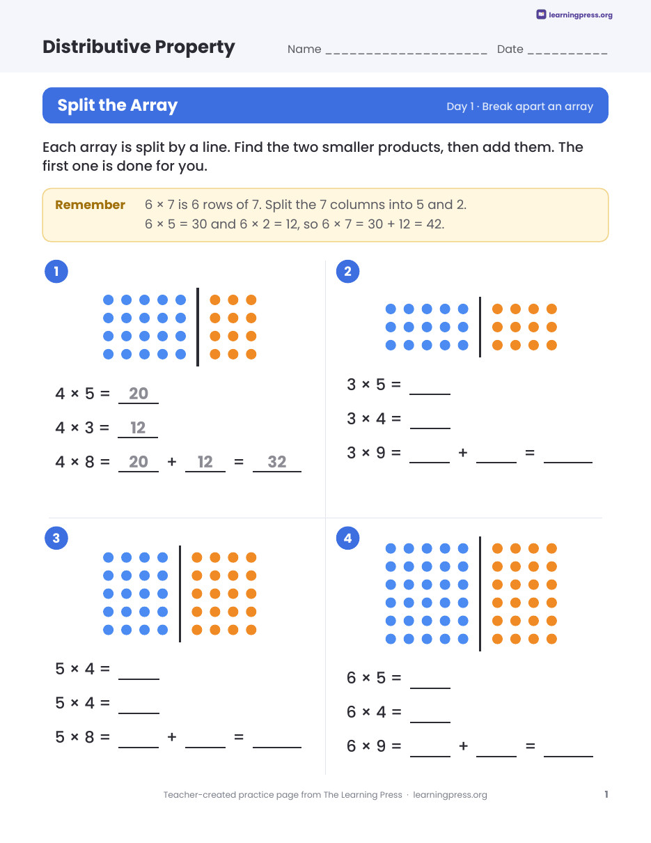 Preview page 1 of Distributive Property of Multiplication Worksheets, Slides & Quiz