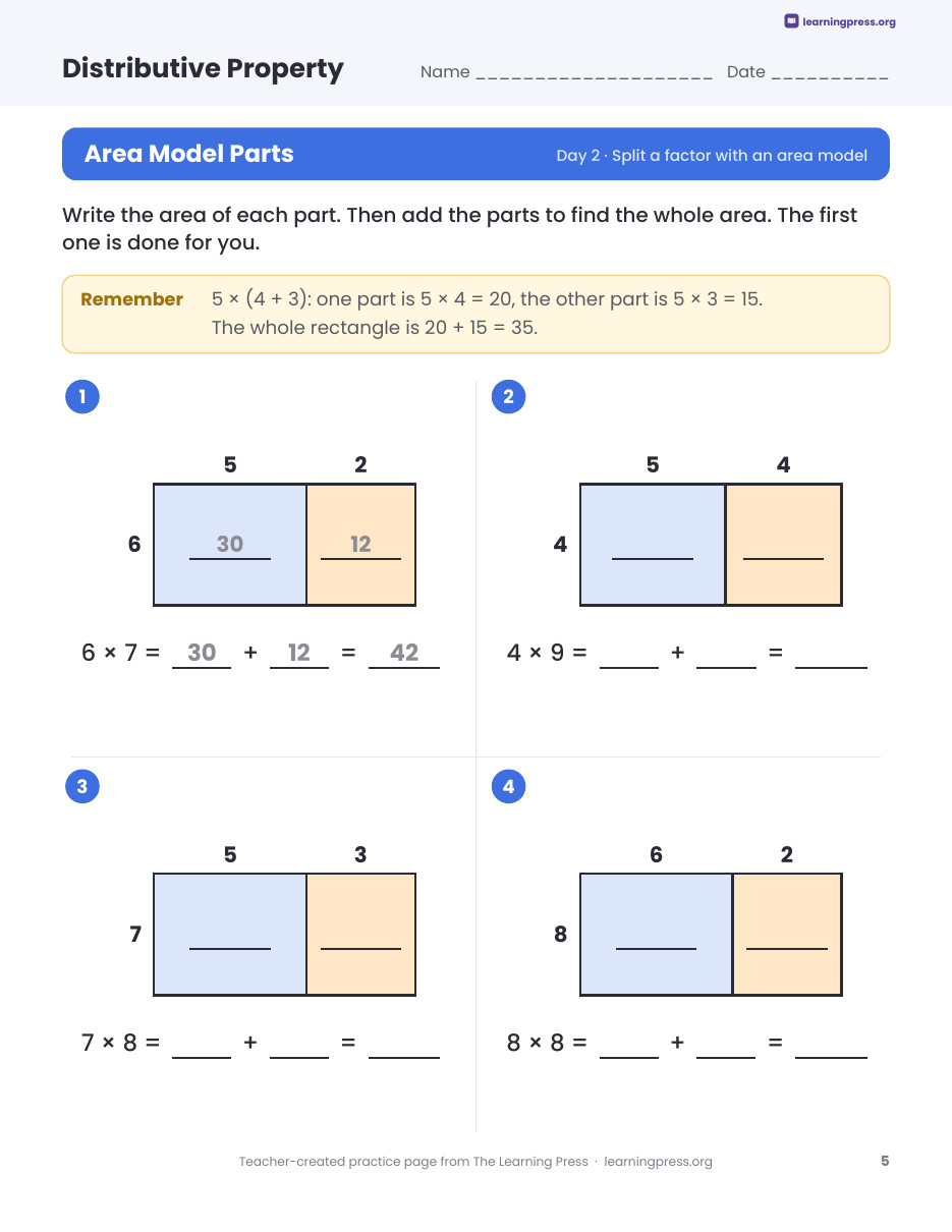 Preview page 2 of Distributive Property of Multiplication Worksheets, Slides & Quiz