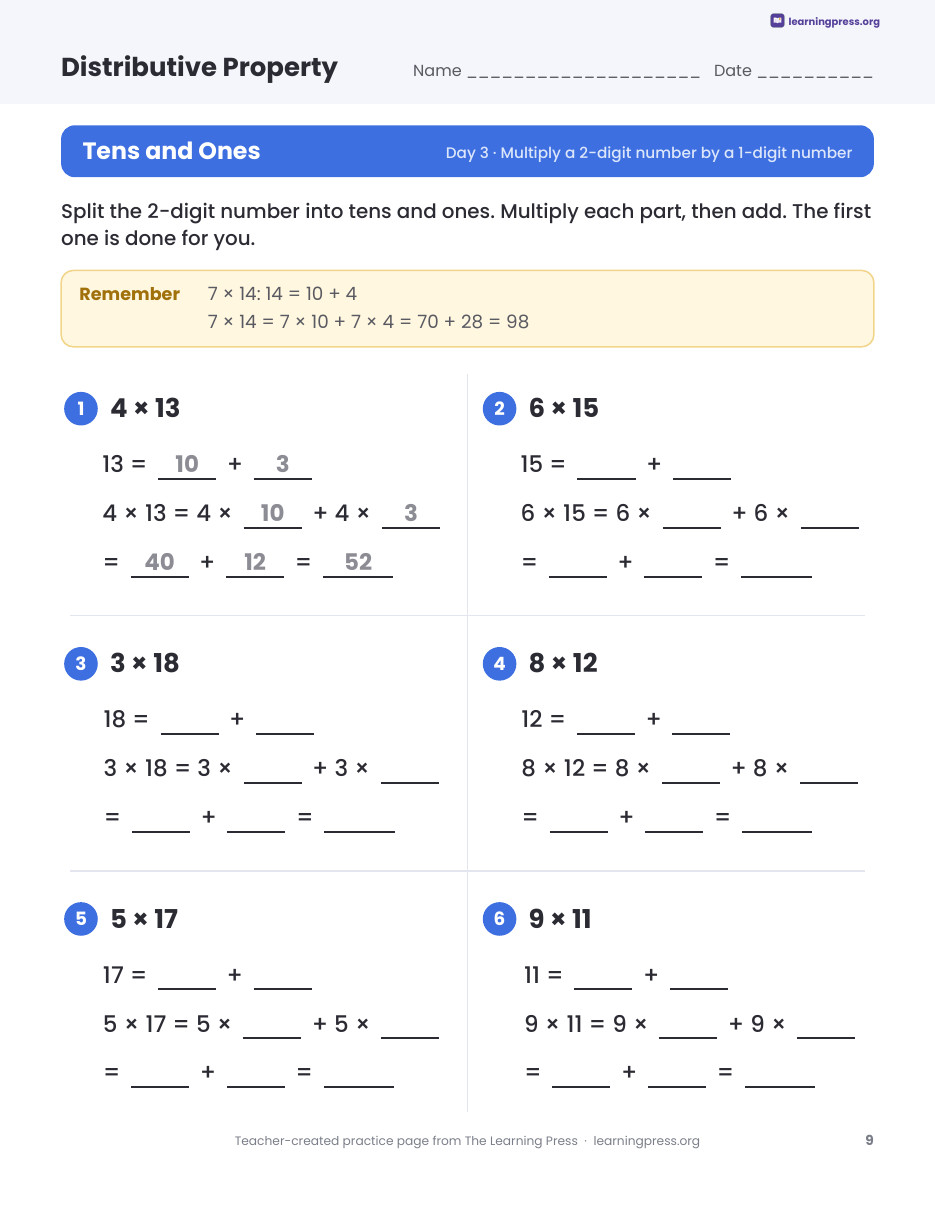 Preview page 3 of Distributive Property of Multiplication Worksheets, Slides & Quiz