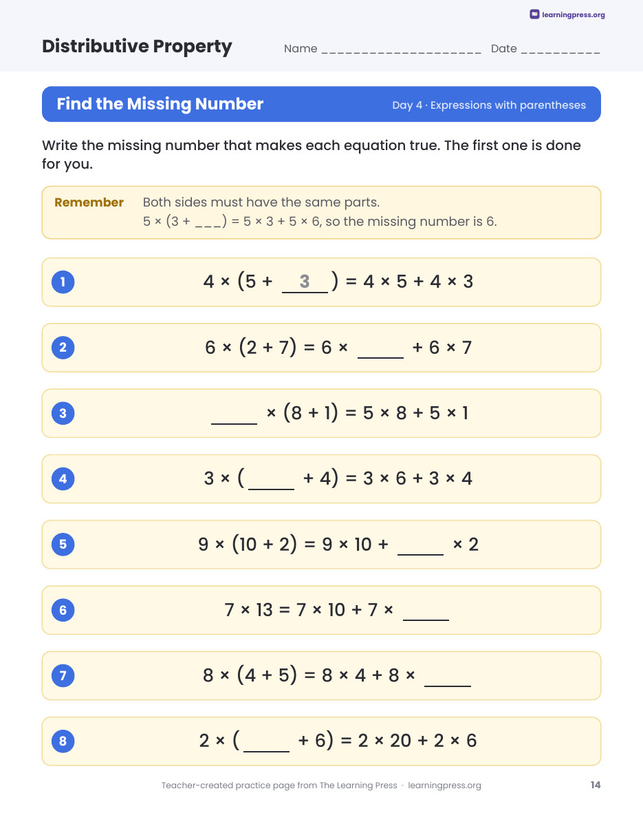 Preview page 4 of Distributive Property of Multiplication Worksheets, Slides & Quiz