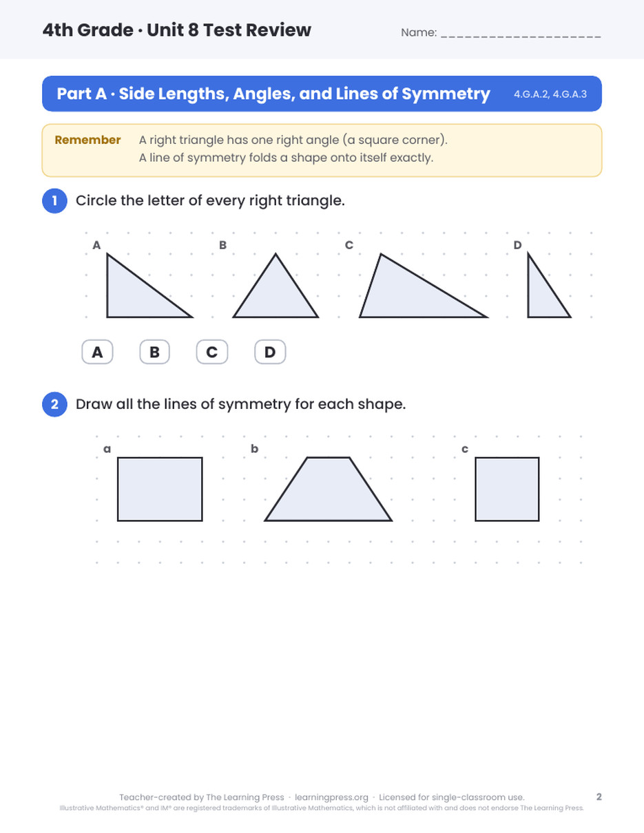 Preview page 1 of Illustrative Math (IM®) Aligned 4th Grade Unit 8 Test Review