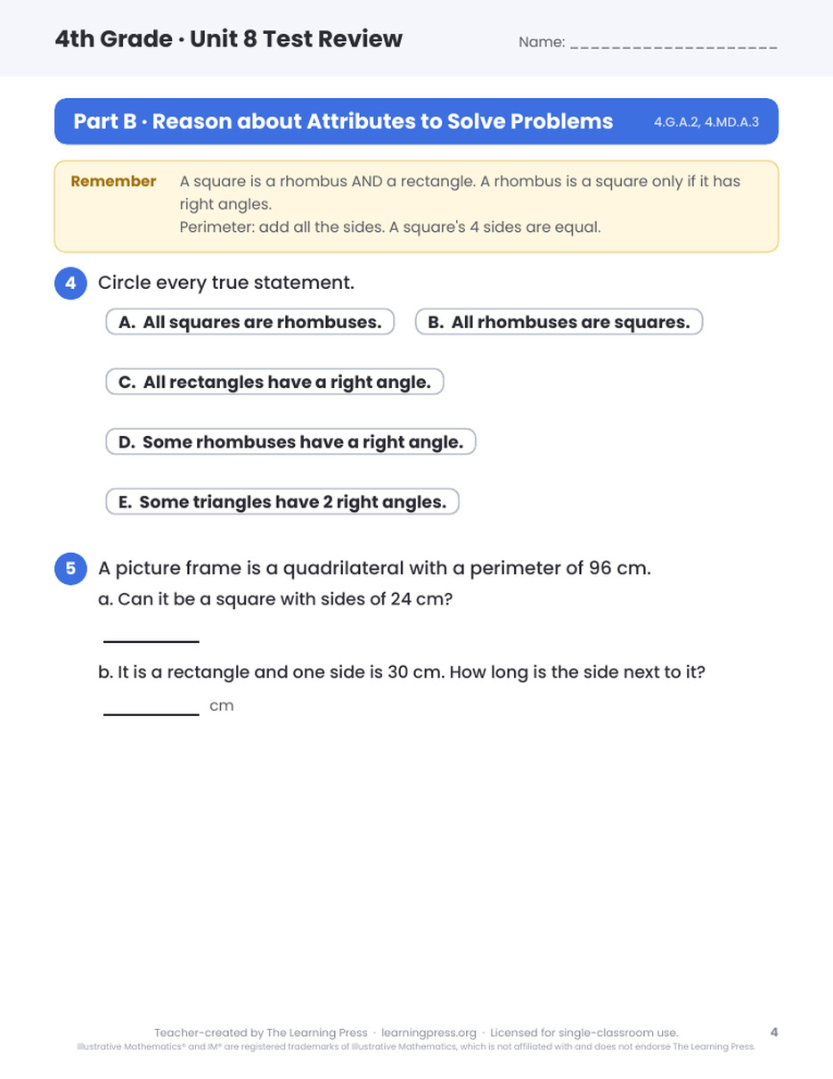 Preview page 3 of Illustrative Math (IM®) Aligned 4th Grade Unit 8 Test Review