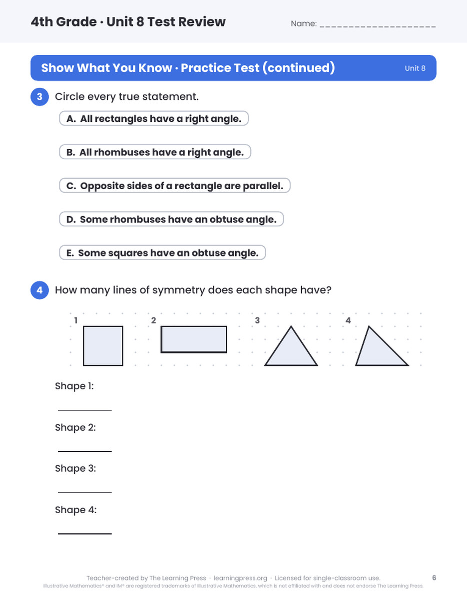 Preview page 4 of Illustrative Math (IM®) Aligned 4th Grade Unit 8 Test Review