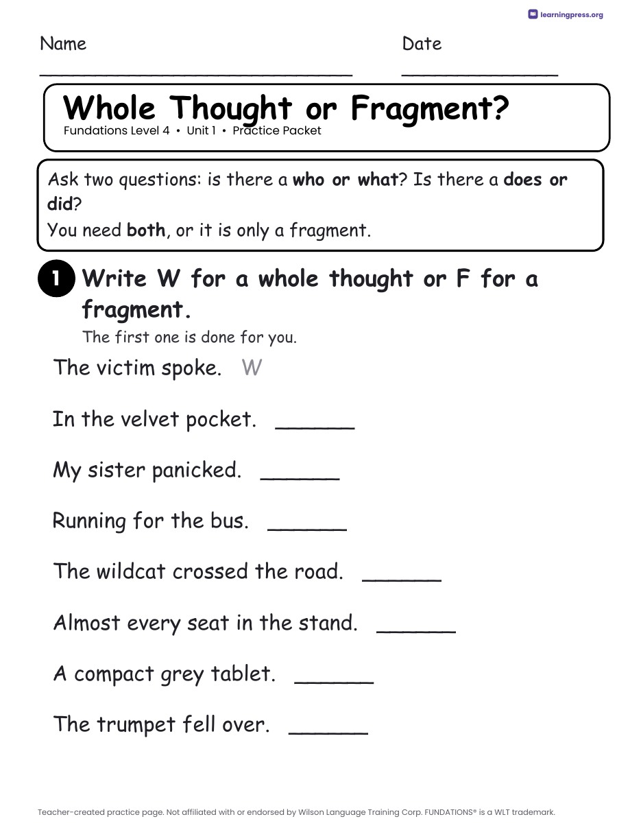 Preview page 3 of Fundations Level 4 Unit 1 Practice Packet