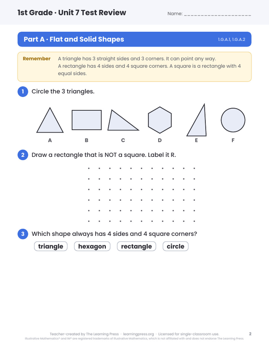 Preview page 1 of Illustrative Math (IM®) Aligned 1st Grade Unit 7 Test Review