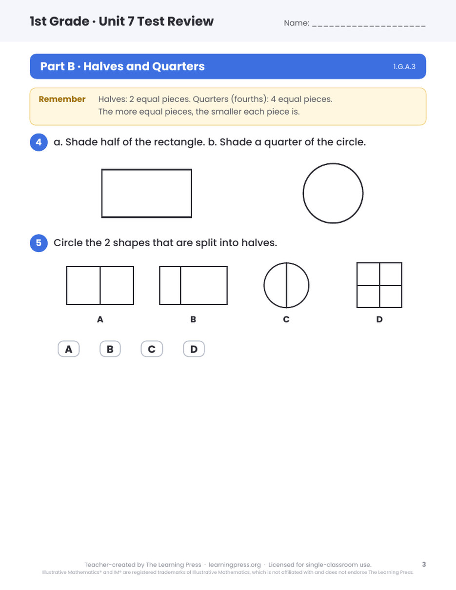 Preview page 2 of Illustrative Math (IM®) Aligned 1st Grade Unit 7 Test Review