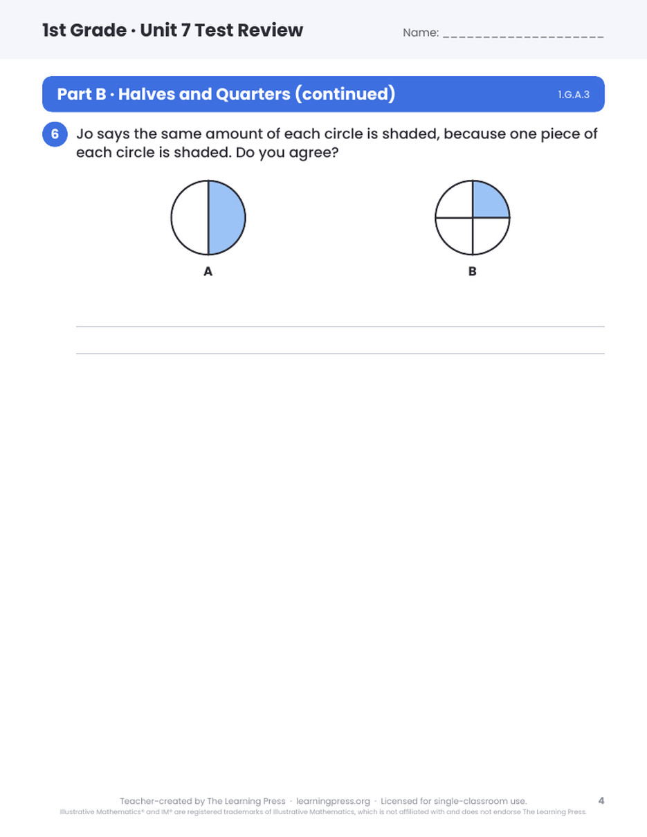 Preview page 3 of Illustrative Math (IM®) Aligned 1st Grade Unit 7 Test Review