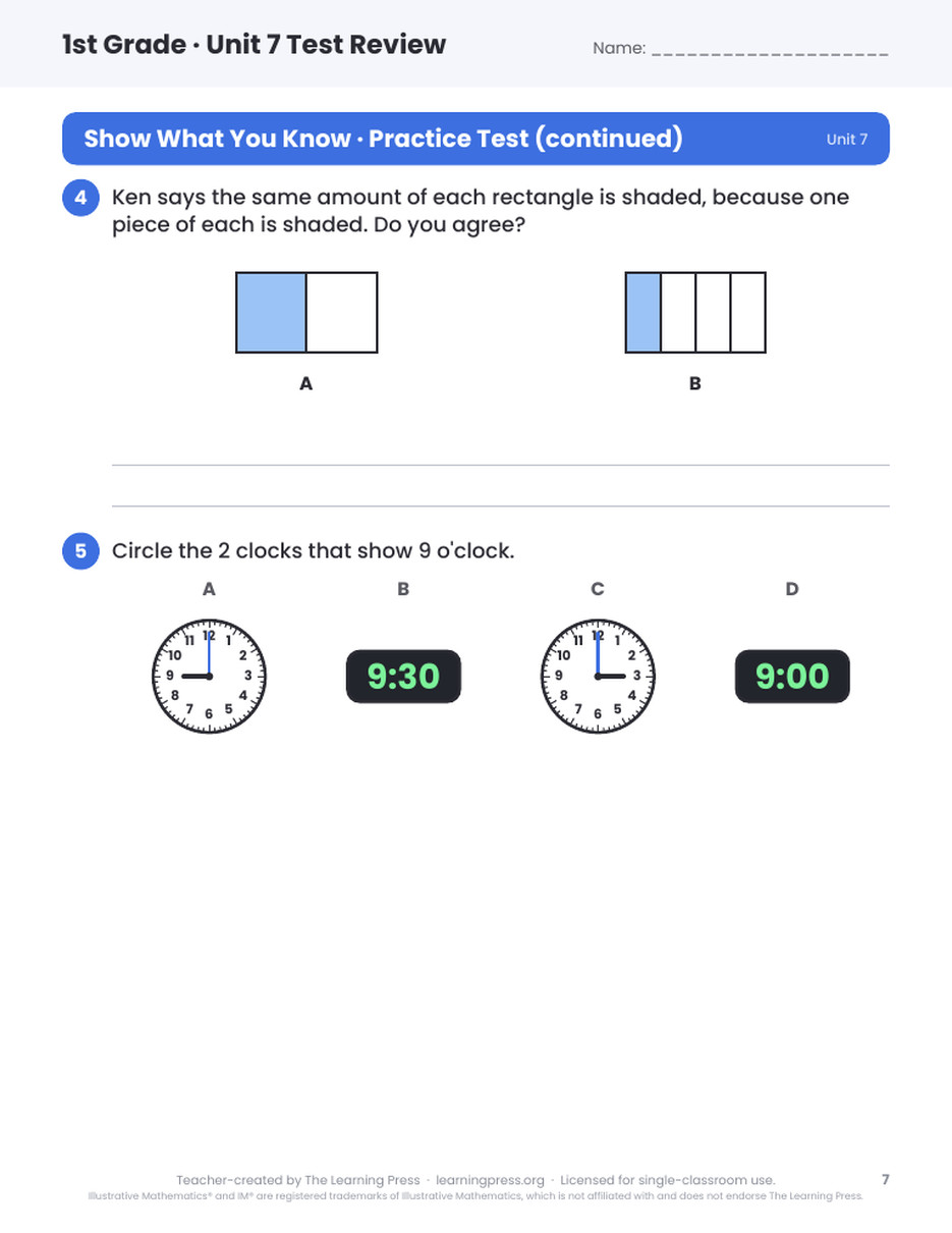Preview page 4 of Illustrative Math (IM®) Aligned 1st Grade Unit 7 Test Review