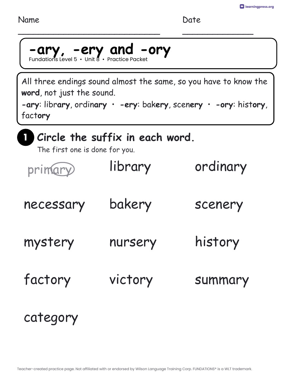 Preview page 1 of Fundations Level 5 Unit 8 Practice Packet