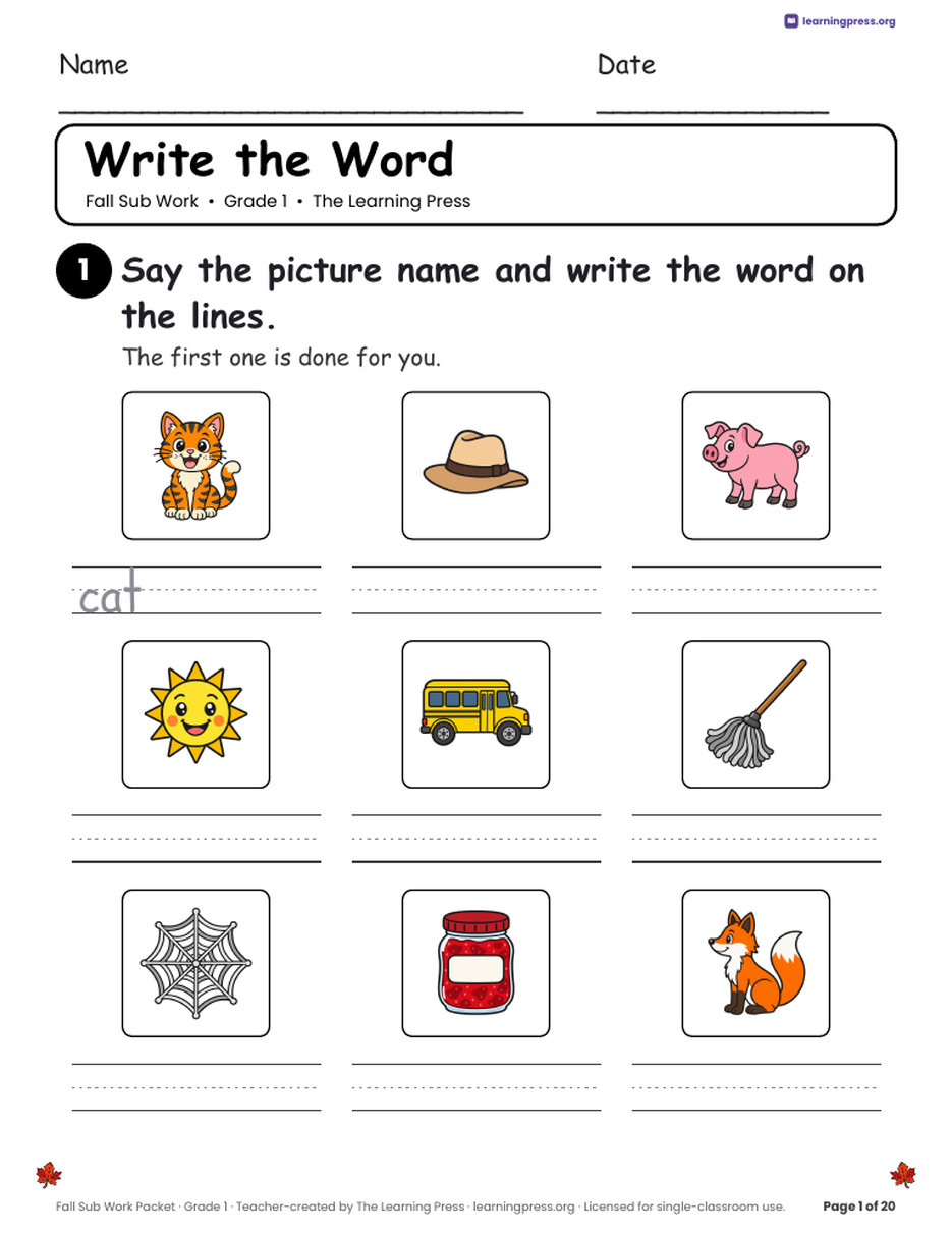 Preview page 2 of Fall Sub Work Packets · Bundle K–5