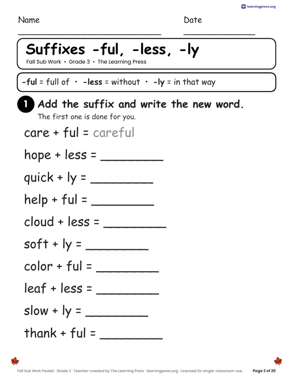 Preview page 3 of Fall Sub Work Packets · Bundle K–5