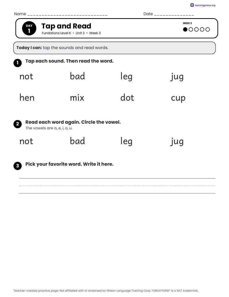 Preview page 2 of Fundations Level K Unit 3 Daily Lesson Work Pages