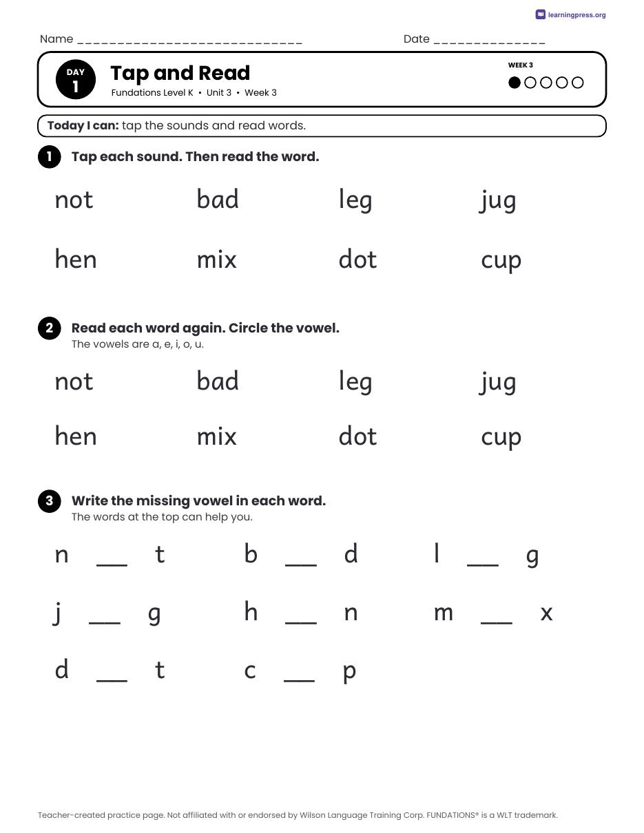 Preview page 2 of Fundations Level K Unit 3 Daily Lesson Work Pages