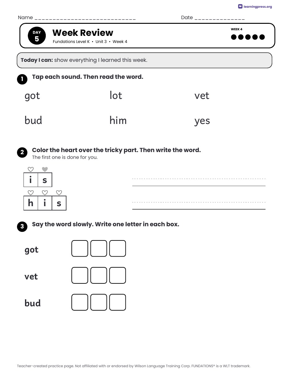 Preview page 3 of Fundations Level K Unit 3 Daily Lesson Work Pages
