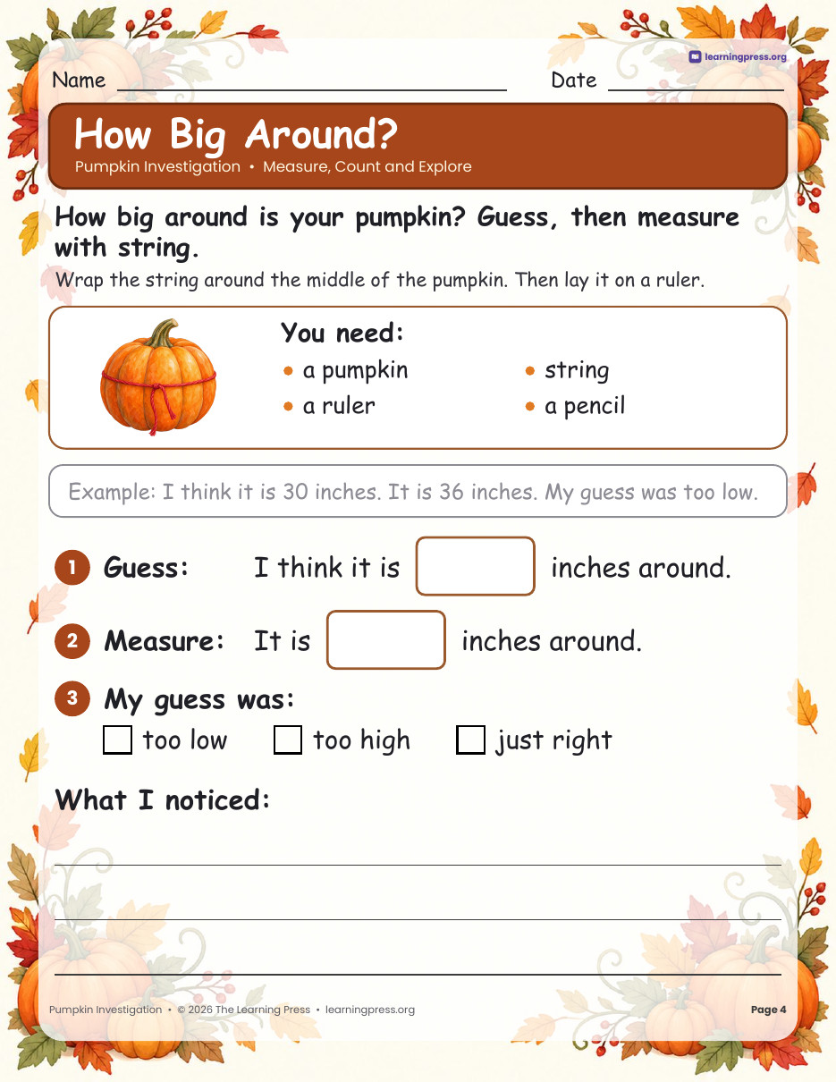 Preview page 2 of Pumpkin Investigation · Measure, Sink or Float, Seeds & Life Cycle
