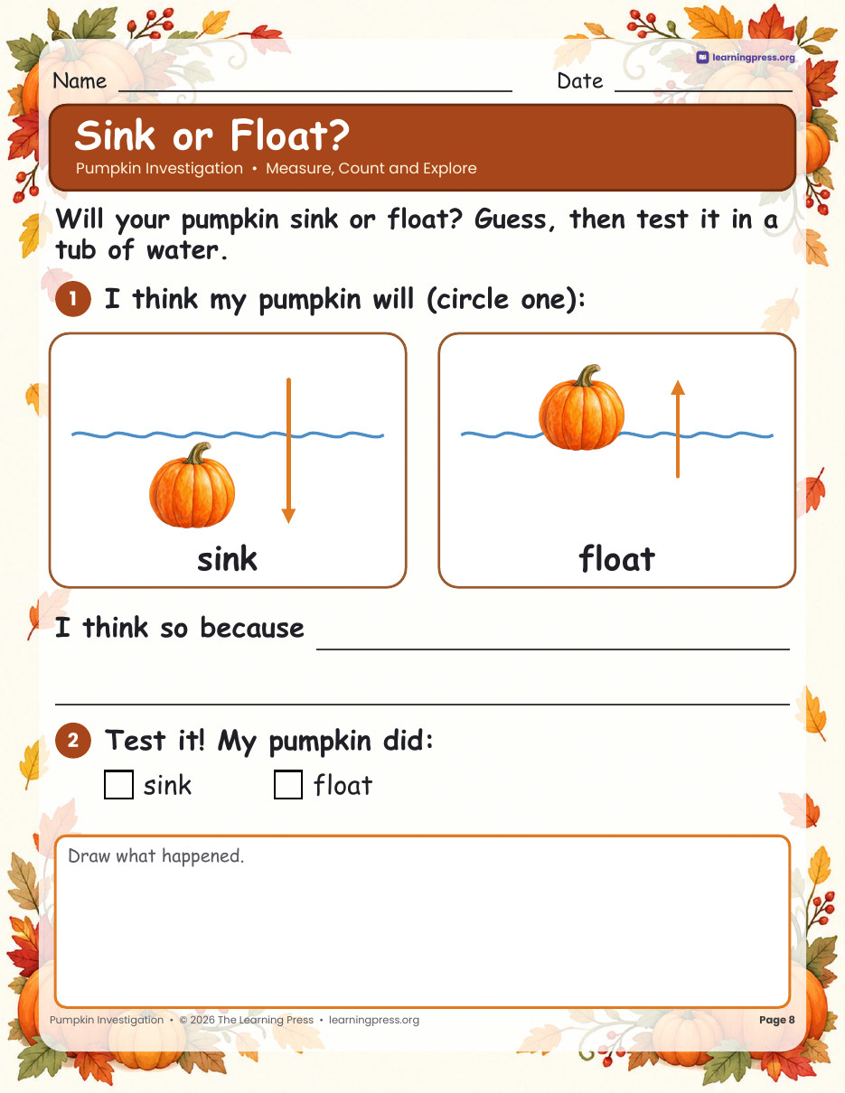 Preview page 3 of Pumpkin Investigation · Measure, Sink or Float, Seeds & Life Cycle