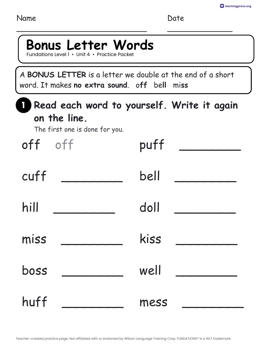 Preview page 1 of Fundations Level 1 Unit 4 Practice Packet