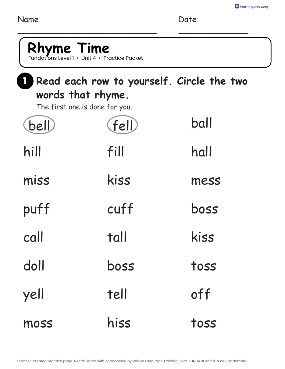 Preview page 2 of Fundations Level 1 Unit 4 Practice Packet