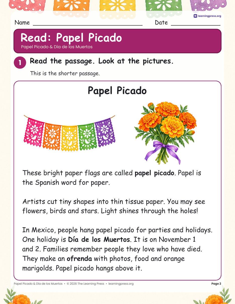 Preview page 1 of Papel Picado Day of the Dead Activities · Día de los Muertos Reading & Craft