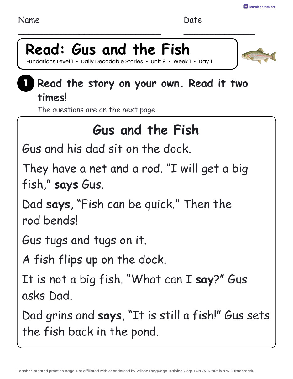 Preview page 1 of Fundations Level 1 Unit 9 Daily Decodable Stories