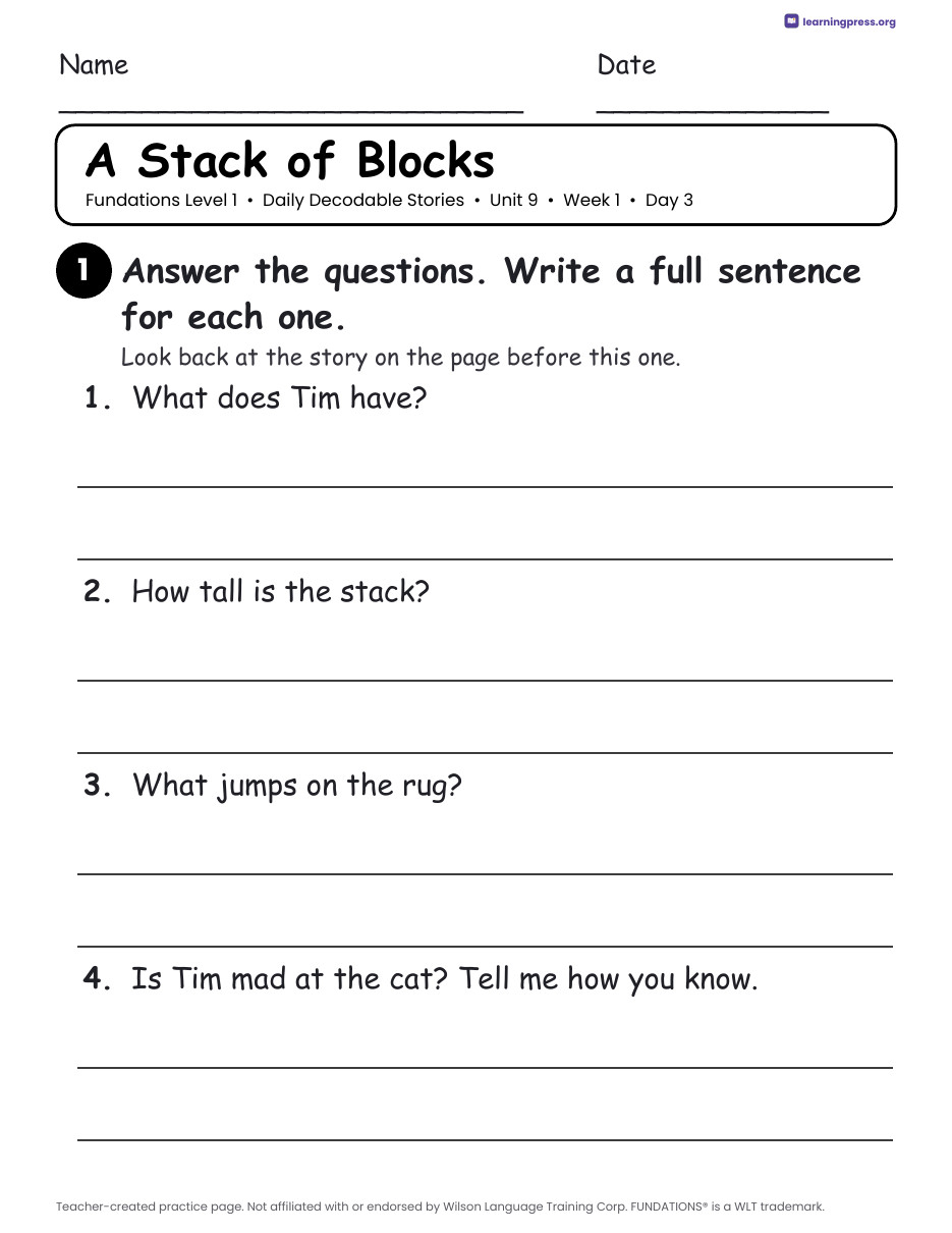 Preview page 2 of Fundations Level 1 Unit 9 Daily Decodable Stories