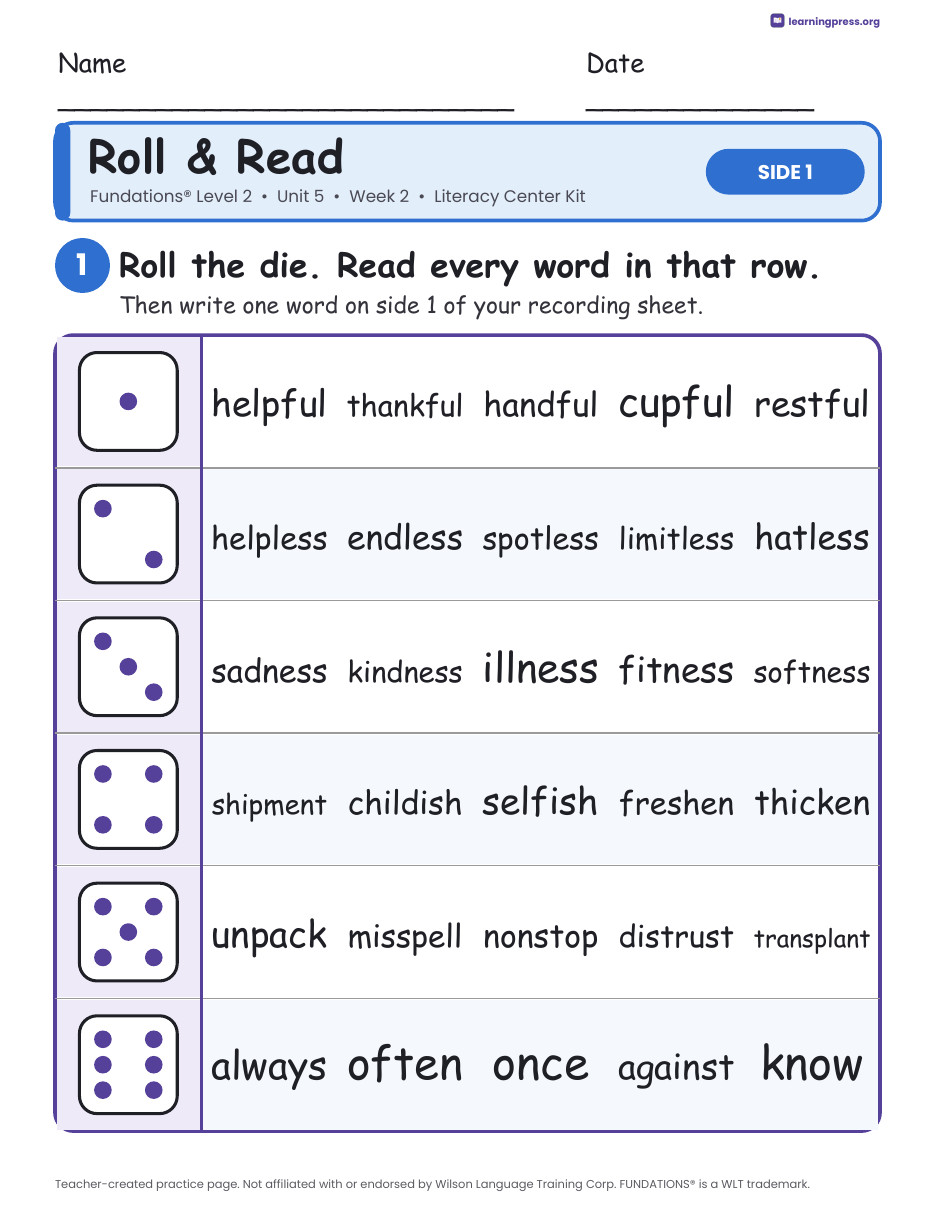 Preview page 1 of Fundations Level 2 Unit 5 Week 2 Literacy Center Kit