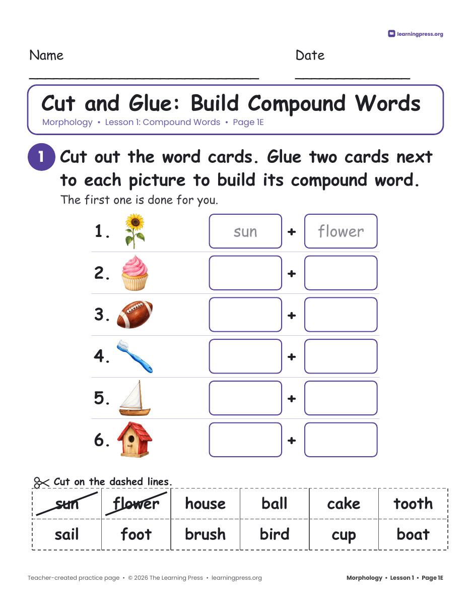 Preview page 2 of Grade 2 Morphology Unit 1: Compound Words, -s, -es, -ed · Slides & Worksheets