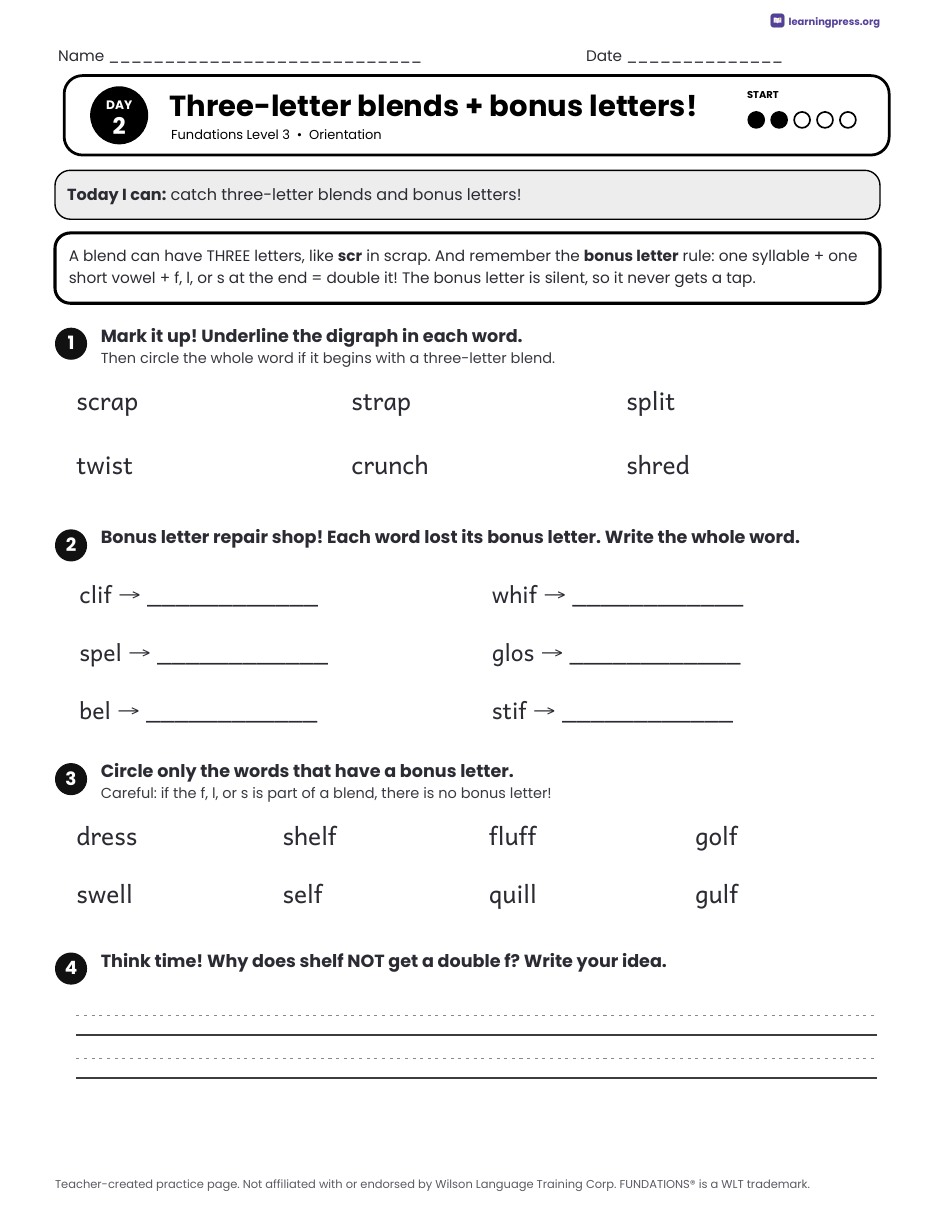 Preview page 1 of Fundations Level 3 Orientation Daily Lesson Work Pages