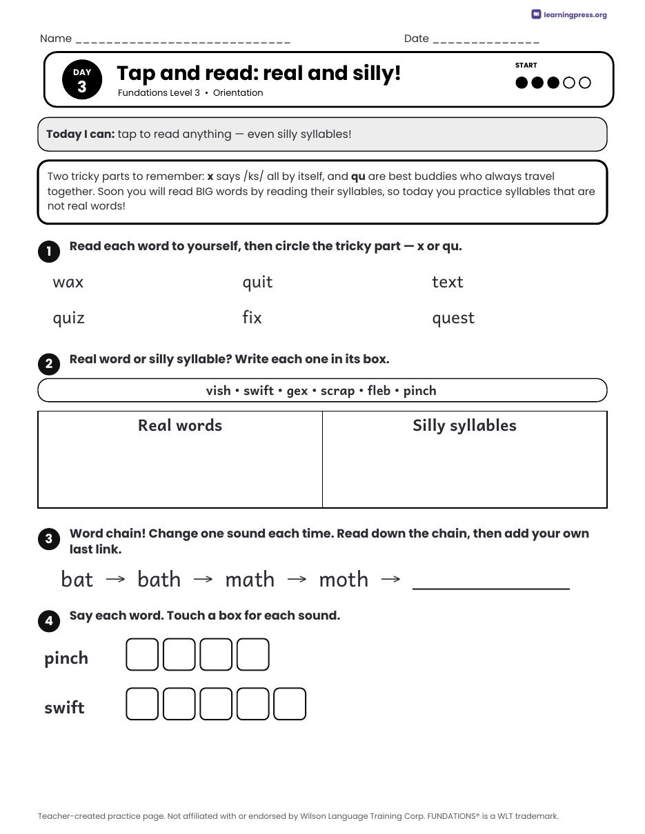 Preview page 2 of Fundations Level 3 Orientation Daily Lesson Work Pages