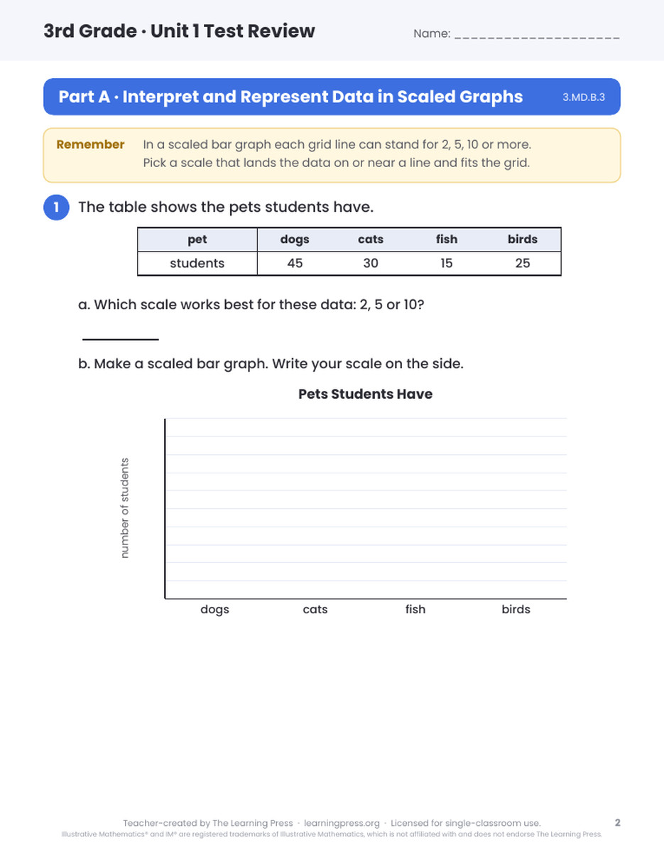 Preview page 1 of Illustrative Math (IM®) Aligned 3rd Grade Unit 1 Test Review