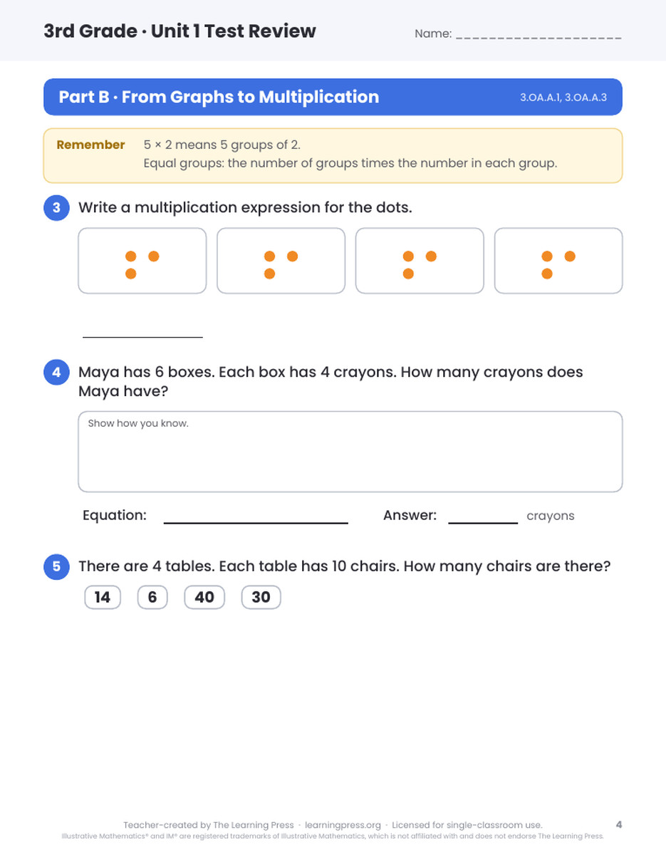 Preview page 2 of Illustrative Math (IM®) Aligned 3rd Grade Unit 1 Test Review