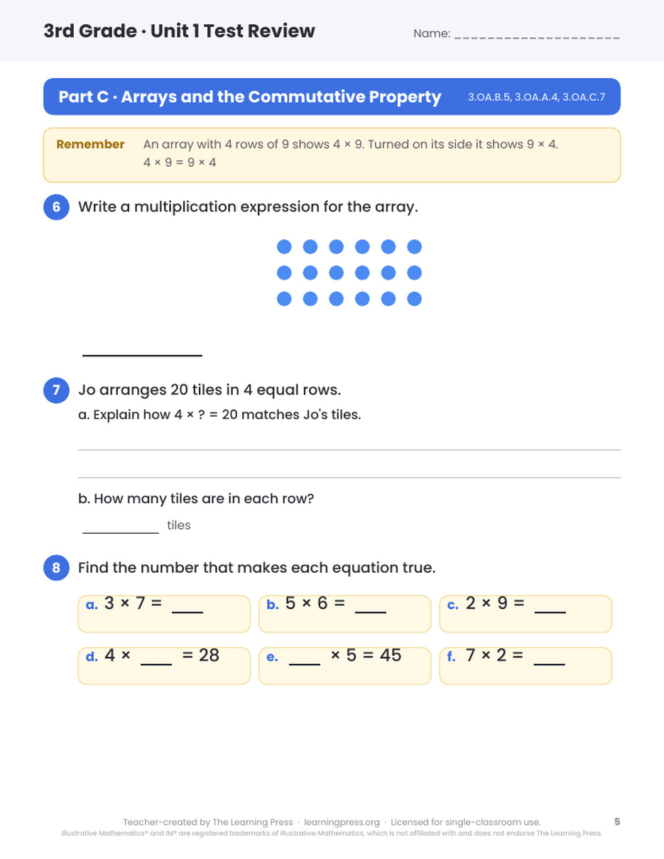 Preview page 3 of Illustrative Math (IM®) Aligned 3rd Grade Unit 1 Test Review