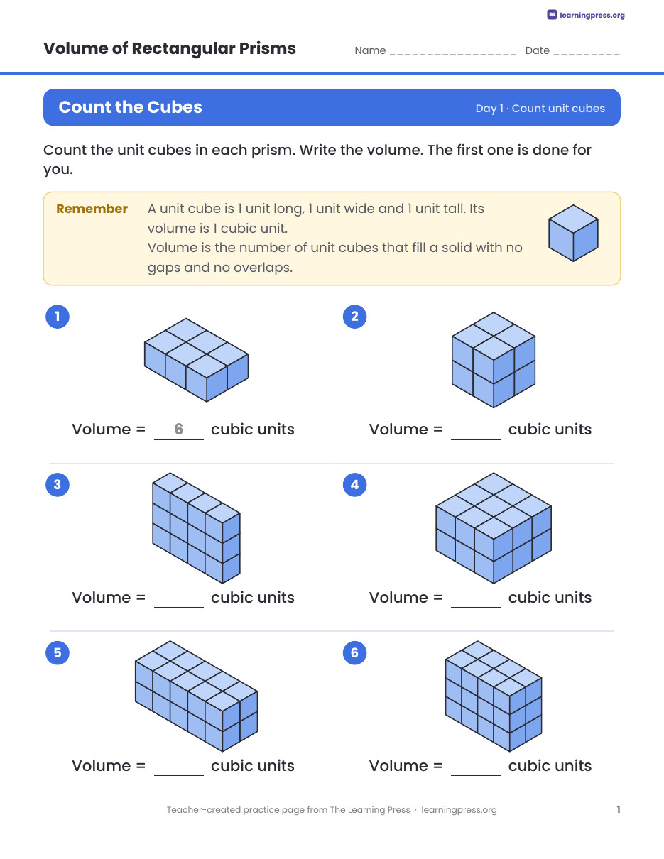 Preview page 1 of Volume of Rectangular Prisms Worksheets, Slides & Quiz